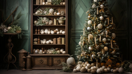 A designer-decorated Christmas tree inspired by nature, featuring wooden ornaments, pinecone garlands, and burlap ribbon 