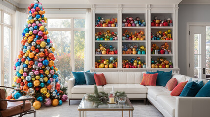 A vibrant and eclectic Christmas tree decorated with an array of colorful ornaments, ribbons, and playful accents, radiating festive cheer 