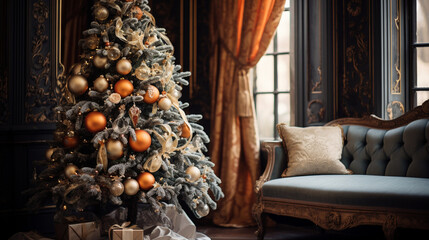 A designer's touch on a Christmas tree, showcasing a harmonious blend of metallic ornaments, rich velvet ribbons, and vintage-inspired baubles 
