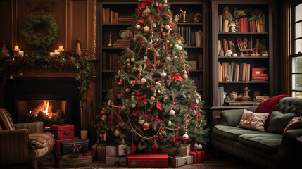 Fototapeta na wymiar A traditional Christmas tree adorned with handmade ornaments, heirloom decorations, and cherished family mementos, celebrating nostalgia 