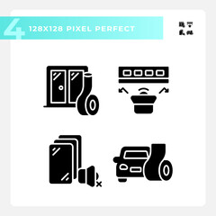 Pixel perfect glyph style icons collection representing soundproofing, silhouette illustration, solid simple pictogram.