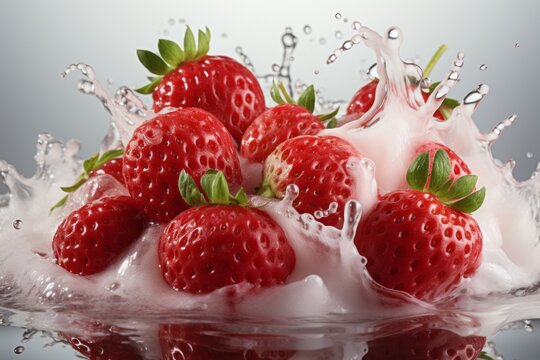 Strawberry fruit with milk splash isolated on plain background