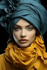 Naklejka premium A portrait of a beautiful woman wearing in yellow and green clothes on dark minimal background.