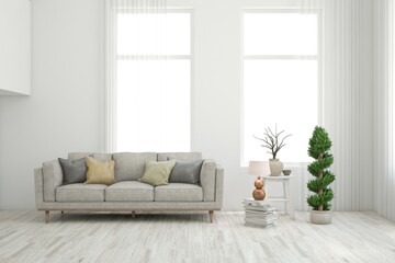 White scandinavian interior design with sofa. 3D illustration
