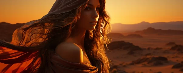 Foto op Canvas Travel idea of an Arab woman in the desert at dusk. © tongpatong