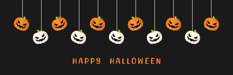 Happy Halloween border banner jack o lantern pumpkins hanging from spider webs. Spooky Ornaments Decoration Vector illustration, trick or treat party invitation