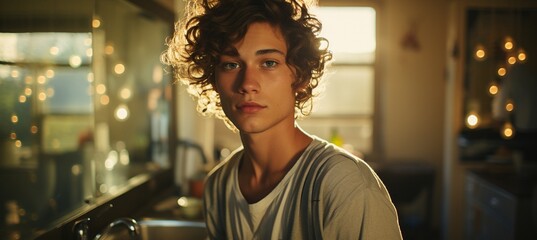 Man of mixed race and gender applying mascara while glancing in the mirror.