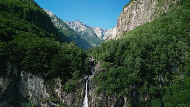 Foroglio waterfall with Swiss Alps in canton Tessin, Bavona valley, Switzerland, Europe.