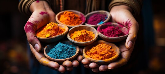 Holi celebration hands covered in vibrant powders.