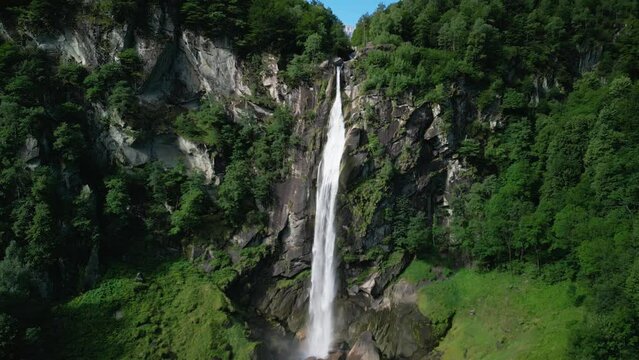 Foroglio waterfall with Swiss Alps in canton Tessin, Bavona valley, Switzerland, Europe.