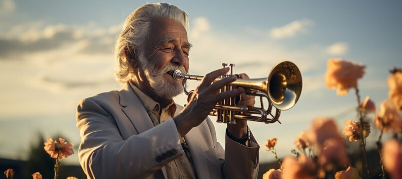 Senior Man In A Portrait Playing A Trumpet.