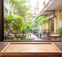 Empty wooden tray on perspective wooden table on top over blur background view from the coffee shop window. Can be used mock up for montage products display or design layout generative Ai