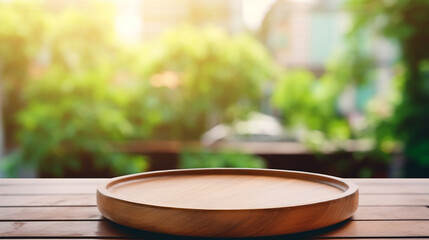 Fototapeta na wymiar Empty wooden tray on perspective wooden table on top over blur background view from the coffee shop window. Can be used mock up for montage products display or design layout generative Ai