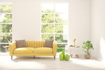Modern interior concept with sofa and summer landscape in window. 3D illustration
