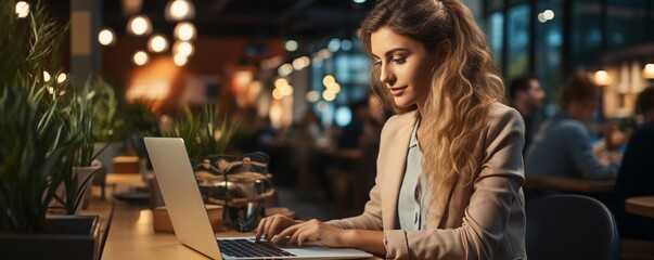 Fototapeta premium banned image of a young woman using a laptop in an office.