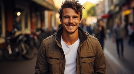 Fototapeta premium Happy smiling young man with brown hair walking down a street in a city on a beautiful sunny day