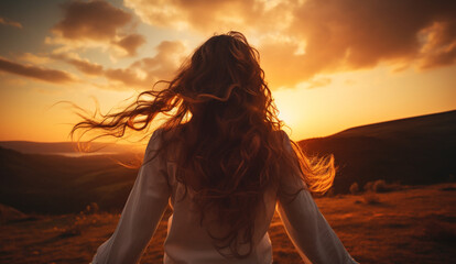 Happy woman standing with her back on sunset in nature Generative Ai