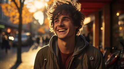 Happy smiling young man with brown hair walking down a street in a city on a beautiful sunny day - Powered by Adobe