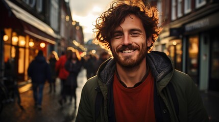 Fototapeta premium Happy smiling young man with brown hair walking down a street in a city on a beautiful sunny day