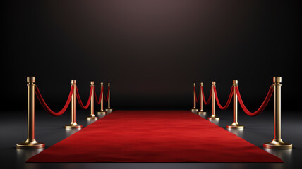 Red carpet and golden barrier isolated on black background