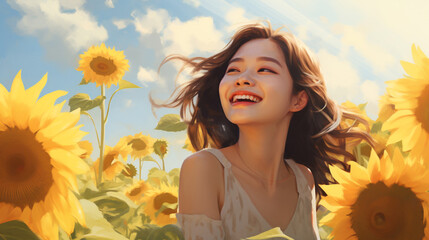 Happy young Asian woman in a sunflower field generative Ai