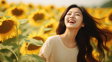 Happy young Asian woman in a sunflower field generative Ai