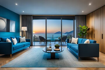 Fototapeta na wymiar Blue Table and Chairs on a Luxurious Terrace
