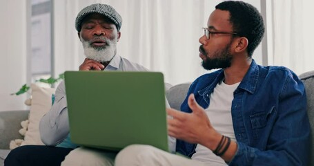 Laptop, senior father and black man explain online website, internet search or social media to old grandpa on lounge sofa. Home, family discussion and African person teaching computer to elderly dad - Powered by Adobe