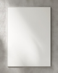Blank large white photo poster wooden frame on light gray texture wallpaper wall in sunlight, leaf shadow for minimal, elegant, luxury, modern art, mural, painting template background 3D