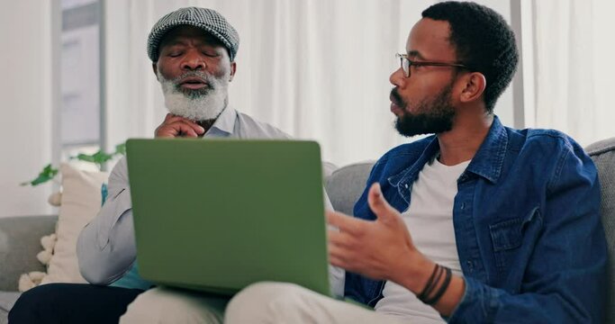 Laptop, senior father and black man explain online website, internet search or social media to old grandpa on lounge sofa. Home, family discussion and African person teaching computer to elderly dad