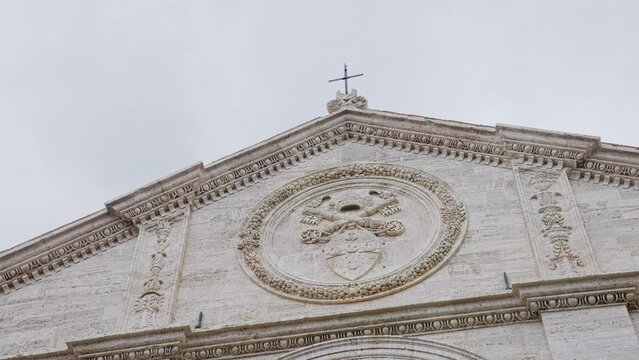 Pienza Cathedral Exterior At Piazza Pio II In Pienza - UNESCO World Heritage Site In Tuscany Italy. Low Angle