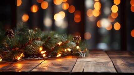 Fototapeta na wymiar Empty wooden table with a festive Christmas