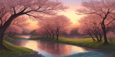 Obraz premium Beautiful river and spring trees. AI generated illustration