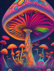 Fototapeta na wymiar Default Psychedelic mushroom with neon colors and a swirling