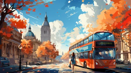 Wall murals London red bus Woman exploring the streets of London