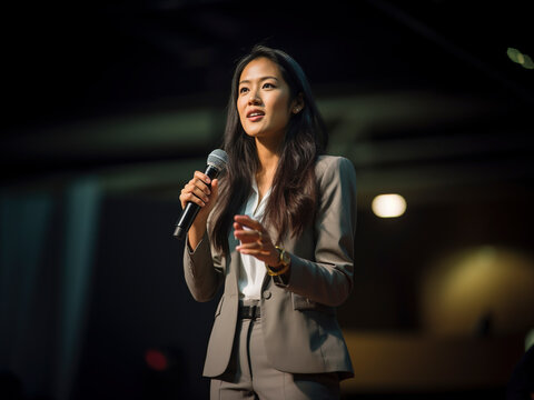 Female motivational speaker on Stage talking about how to success - Powered by Adobe