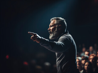 Businessman motivational speaker on business conference talking about how to be a leader