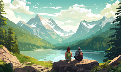 Couple siting on mountain and enjoying beautiful view of mountains 