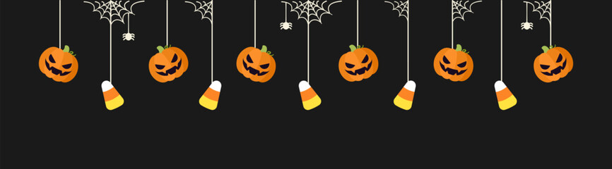 Happy Halloween border banner with candy corn and jack o lantern pumpkins hanging from spider webs. Spooky Ornaments Decoration Vector illustration, trick or treat party invitation
