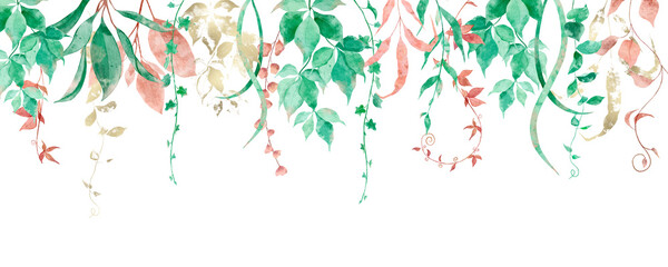 Watercolor border with green, pink and golden branches, isolated on a white background.