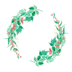 Watercolor frame-wreath with green and gold leaves, hand drawn.