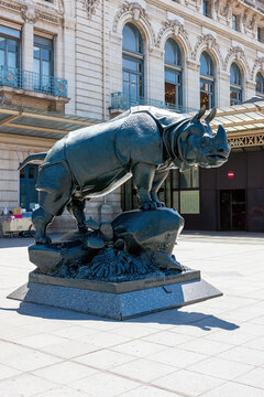 Paris, France-June 06, 2014: Rhinoceros statue in front of the Orsay Museum in Paris