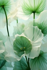 Closeup view of a green lush lotus leaf. Radiant lotus leaves with rays of light. Botanical vertical  banner for wallpaper design, print, poster. Green background 