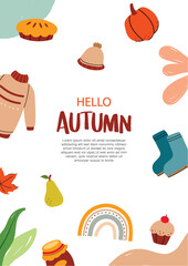 Hello autumn with element and leaves background. Autumn october hand drawn template design.