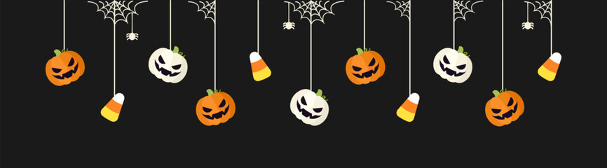Happy Halloween border banner with candy corn and jack o lantern pumpkins hanging from spider webs. Spooky Ornaments Decoration Vector illustration, trick or treat party invitation