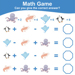 Math game for children additional with sea life theme. Count and write the correct answer. Printable math worksheet. Vector illustration file.