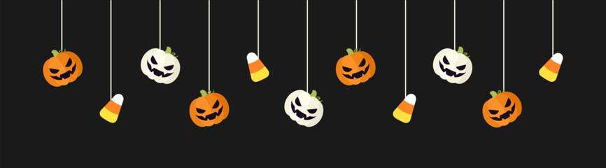 Happy Halloween border banner with candy corn and jack o lantern pumpkins hanging from spider webs. Spooky Ornaments Decoration Vector illustration, trick or treat party invitation
