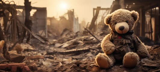 War background - Teddy bear sits in the rubble of a bombed city - obrazy, fototapety, plakaty