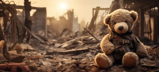 Fotobehang War background - Teddy bear sits in the rubble of a bombed city © Corri Seizinger