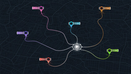 Isometric map city with gps pins street, road. Multiple destinations with location system. Vector, Black background Urban map with information pointers, signs, arrows. Vector illustration